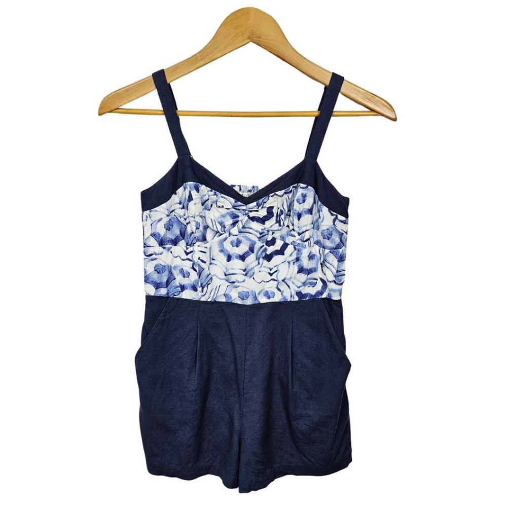 Anthropologie XS Mermaid Beach Shade Umbrella Romper Smocked Linen Blend Pockets - Picture 2 of 12